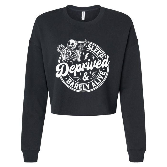 Retro Sleep Deprived Barely Alive Funny Skeleton Halloween Cropped Pullover Crew