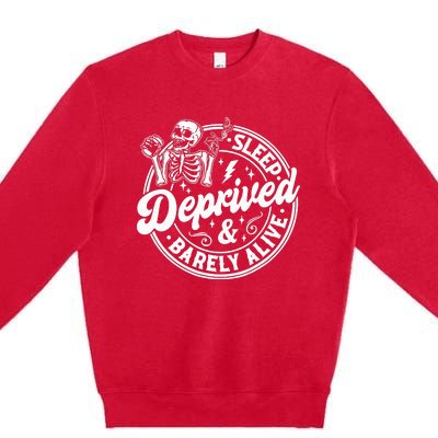 Retro Sleep Deprived Barely Alive Funny Skeleton Halloween Premium Crewneck Sweatshirt