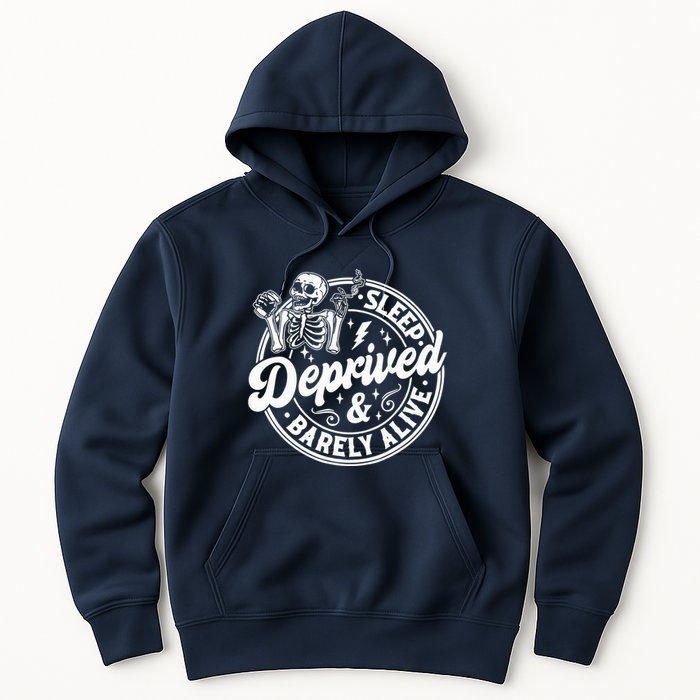 Retro Sleep Deprived Barely Alive Funny Skeleton Halloween Hoodie