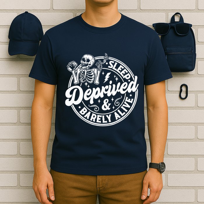 Retro Sleep Deprived Barely Alive Funny Skeleton Halloween T-Shirt