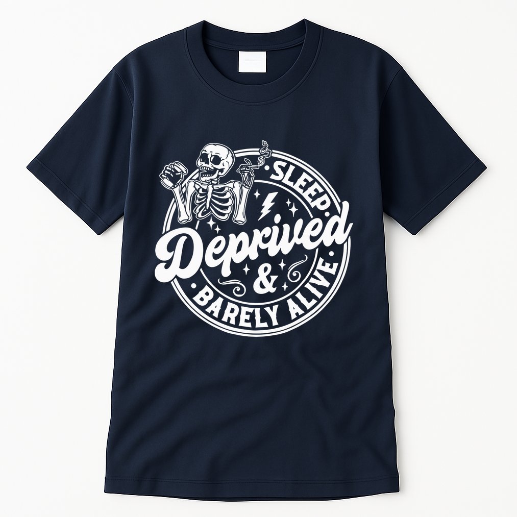 Retro Sleep Deprived Barely Alive Funny Skeleton Halloween Tall T-Shirt