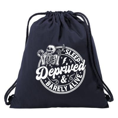 Retro Sleep Deprived Barely Alive Funny Skeleton Halloween Drawstring Bag