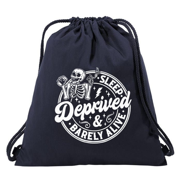 Retro Sleep Deprived Barely Alive Funny Skeleton Halloween Drawstring Bag