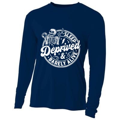 Retro Sleep Deprived Barely Alive Funny Skeleton Halloween Cooling Performance Long Sleeve Crew