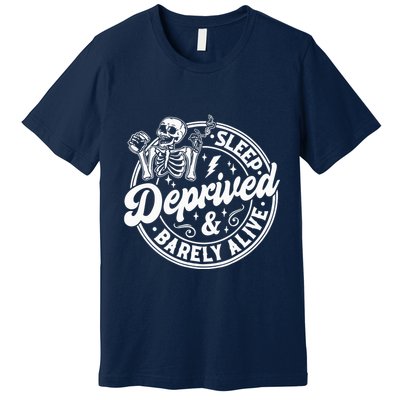 Retro Sleep Deprived Barely Alive Funny Skeleton Halloween Premium T-Shirt