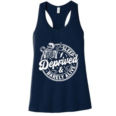 Retro Sleep Deprived Barely Alive Funny Skeleton Halloween Womens Tank Top
