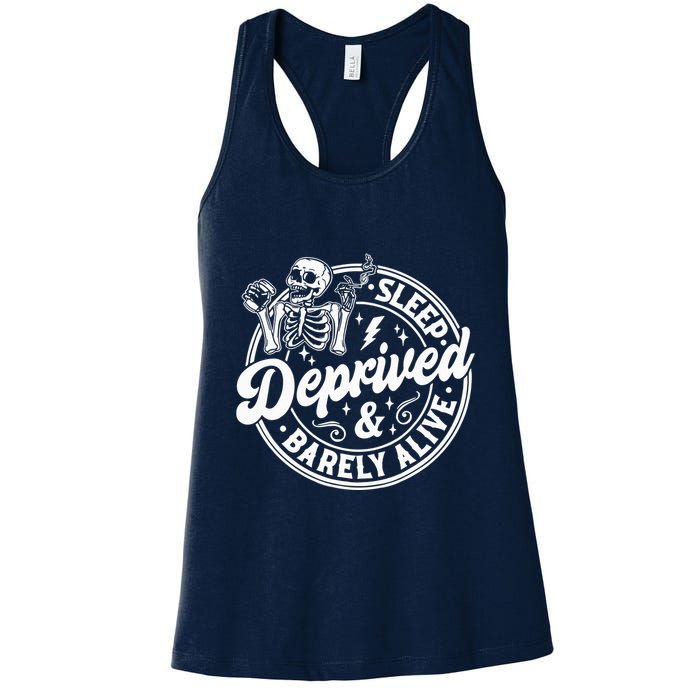 Retro Sleep Deprived Barely Alive Funny Skeleton Halloween Womens Tank Top