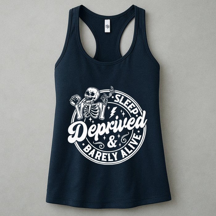 Retro Sleep Deprived Barely Alive Funny Skeleton Halloween Womens Tank Top
