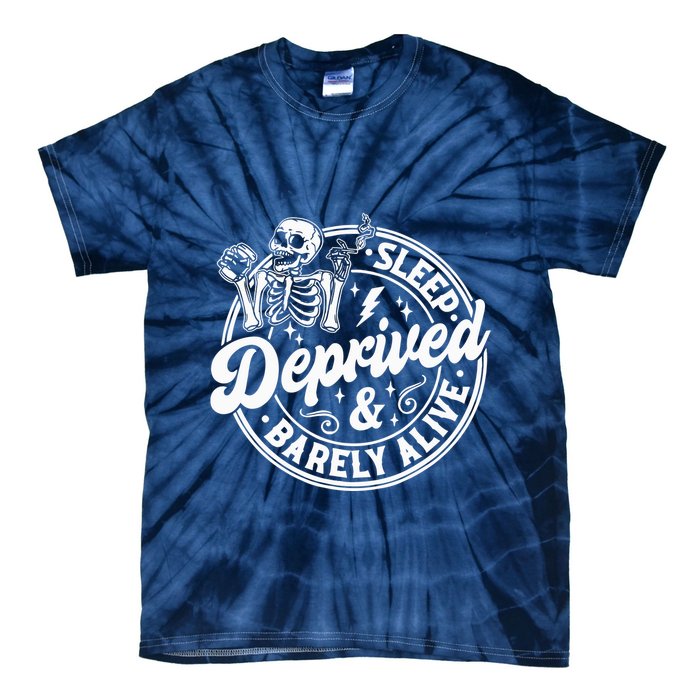 Retro Sleep Deprived Barely Alive Funny Skeleton Halloween Tie-Dye T-Shirt