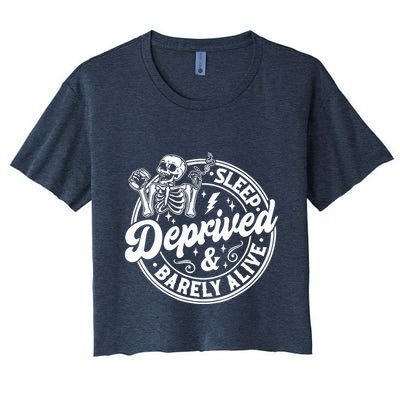 Retro Sleep Deprived Barely Alive Funny Skeleton Halloween Crop Top