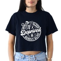 Retro Sleep Deprived Barely Alive Funny Skeleton Halloween Crop Top
