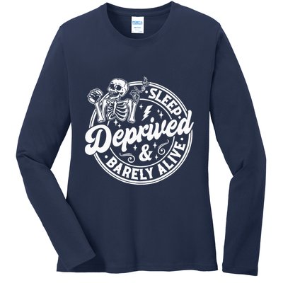 Retro Sleep Deprived Barely Alive Funny Skeleton Halloween Ladies Long Sleeve Shirt