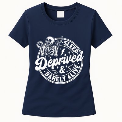 Retro Sleep Deprived Barely Alive Funny Skeleton Halloween Womens T-Shirt