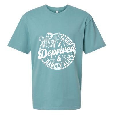 Retro Sleep Deprived Barely Alive Funny Skeleton Halloween Sueded Cloud Jersey T-Shirt