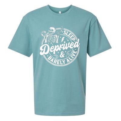 Retro Sleep Deprived Barely Alive Funny Skeleton Halloween Sueded Cloud Jersey T-Shirt