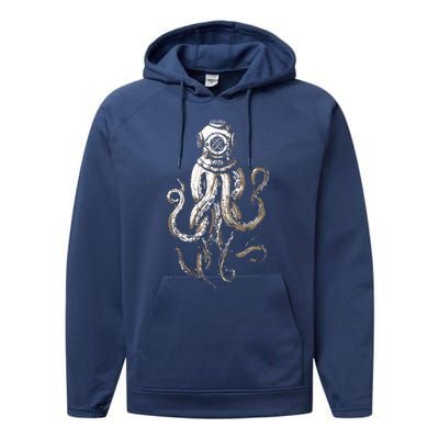 Retro SCUBA Diver Weird Octopus Design, Octopus Helmet Performance Fleece Hoodie