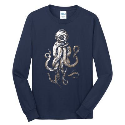 Retro SCUBA Diver Weird Octopus Design, Octopus Helmet Tall Long Sleeve T-Shirt