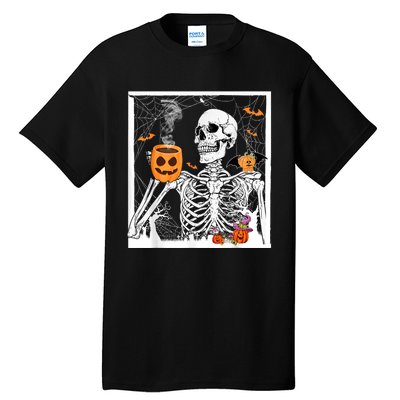 Retro Skeleton Drinking Coffee Jack Olantern Happy Halloween Tall T-Shirt