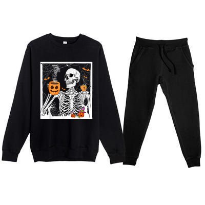 Retro Skeleton Drinking Coffee Jack Olantern Happy Halloween Premium Crewneck Sweatsuit Set