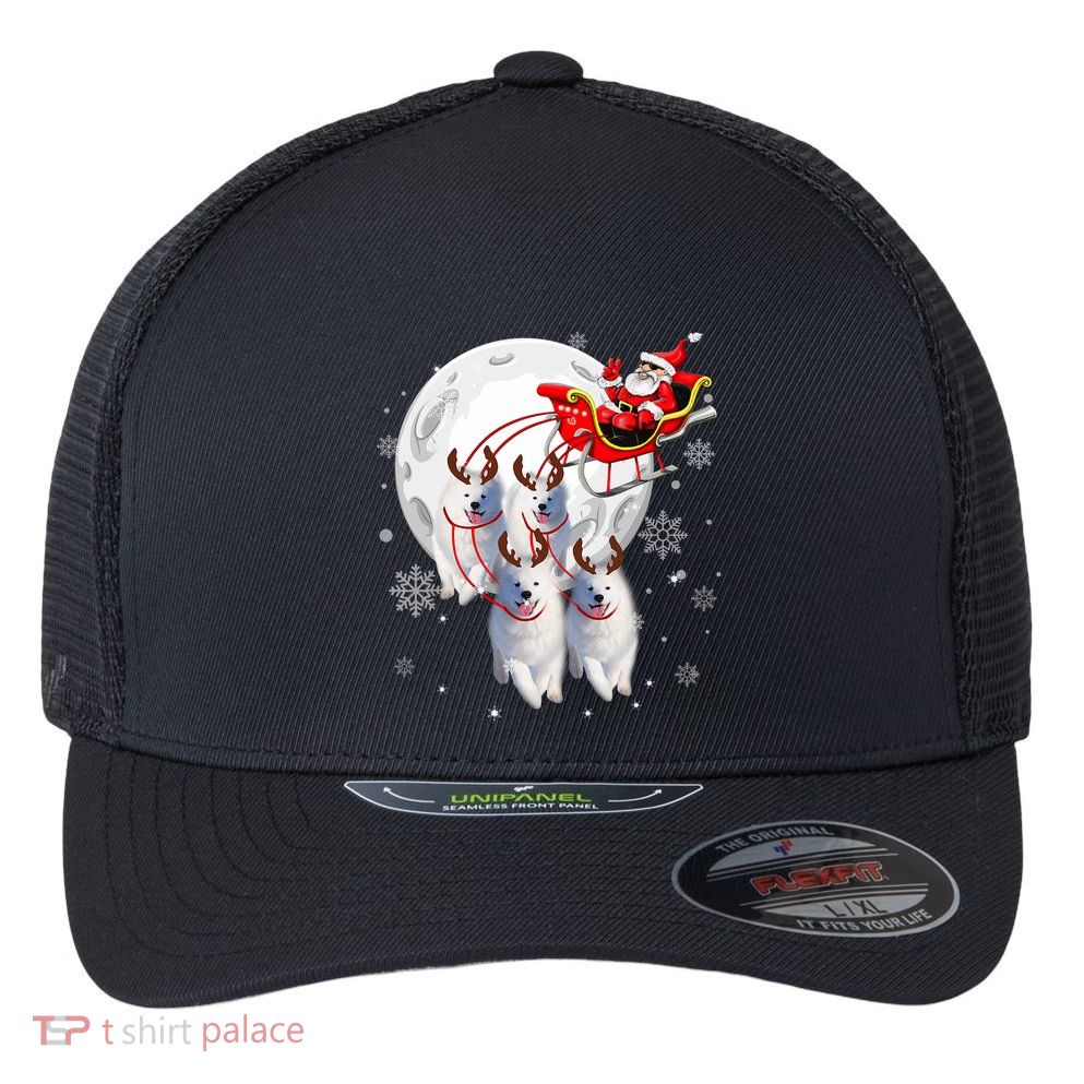 Reindeer Samoyed Dogs Pulling Santa Claus Sleigh Christmas Flexfit Unipanel Trucker Cap
