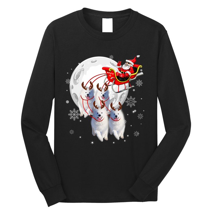 Reindeer Samoyed Dogs Pulling Santa Claus Sleigh Christmas Long Sleeve Shirt