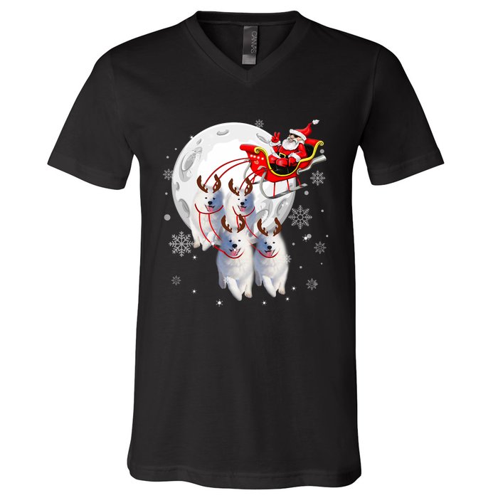 Reindeer Samoyed Dogs Pulling Santa Claus Sleigh Christmas V-Neck T-Shirt