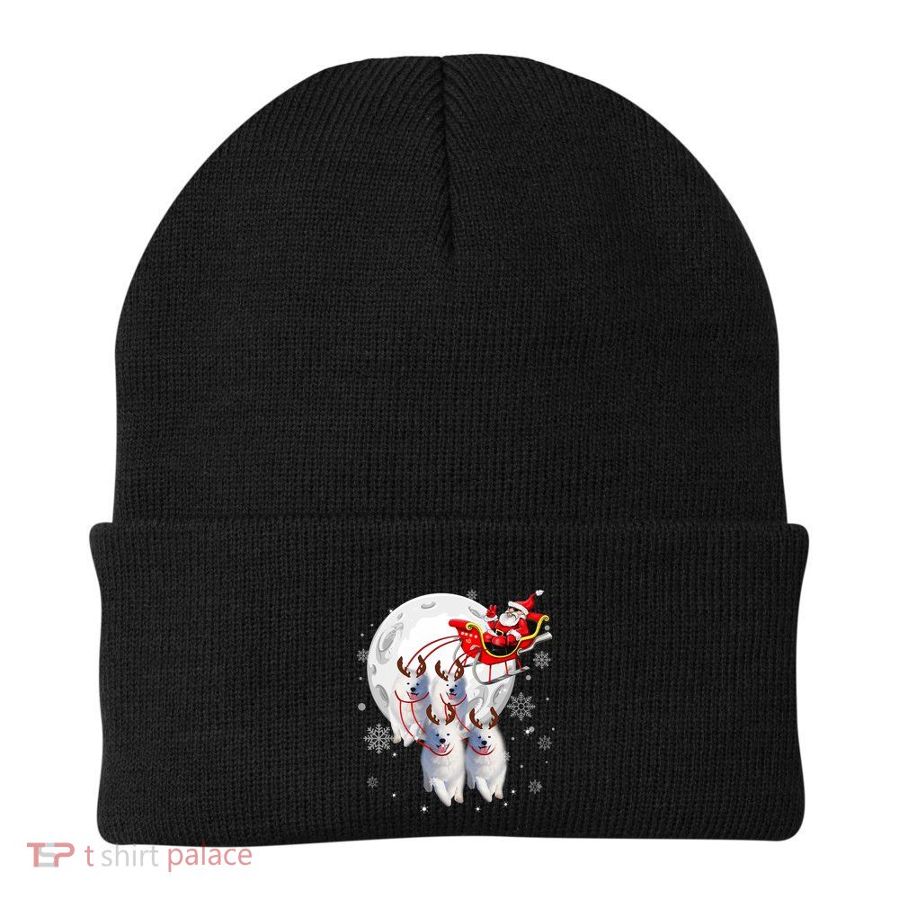 Reindeer Samoyed Dogs Pulling Santa Claus Sleigh Christmas Beanie