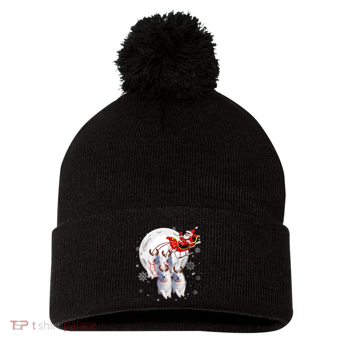 Reindeer Samoyed Dogs Pulling Santa Claus Sleigh Christmas Pom Pom 12in Knit Beanie