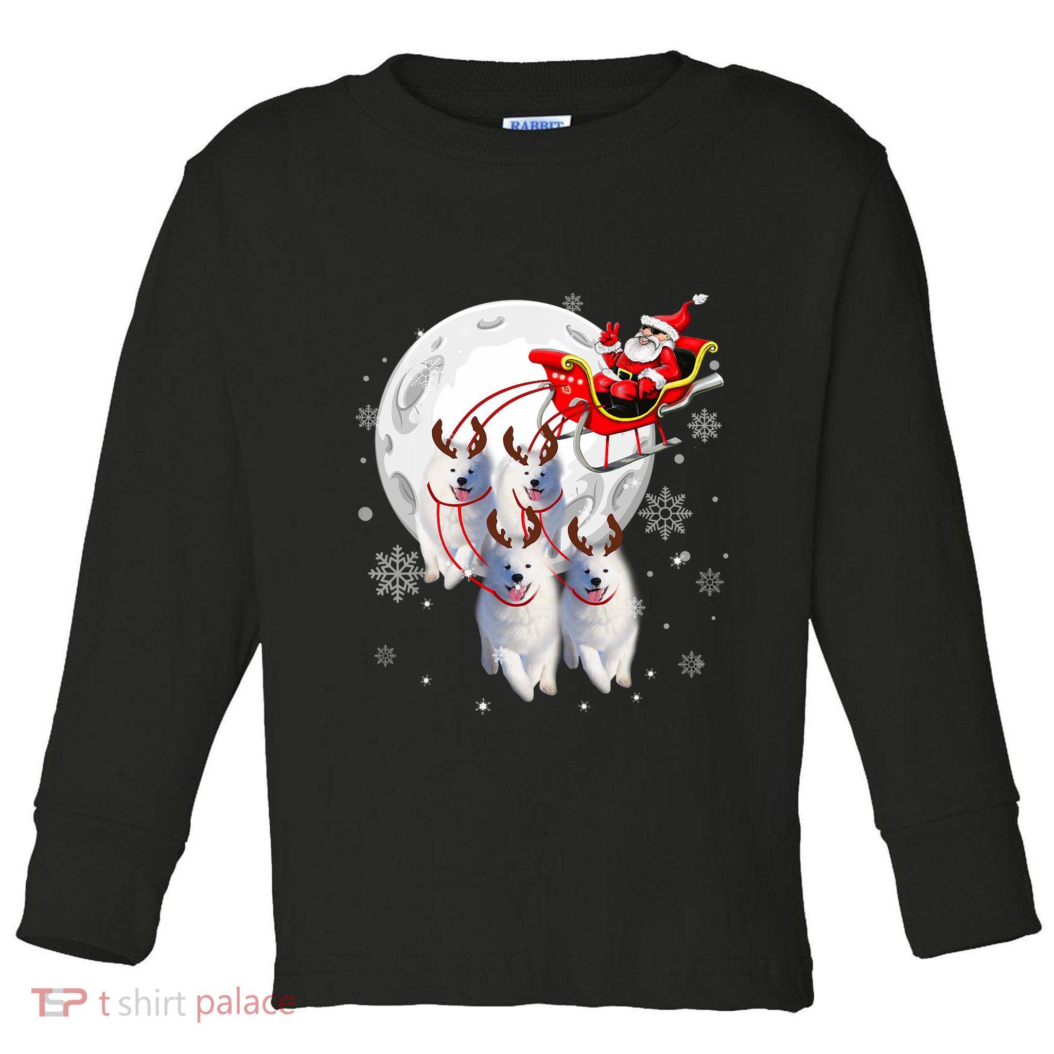 Reindeer Samoyed Dogs Pulling Santa Claus Sleigh Christmas Toddler Long Sleeve Shirt