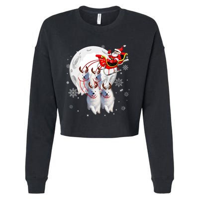 Reindeer Samoyed Dogs Pulling Santa Claus Sleigh Christmas Cropped Pullover Crew