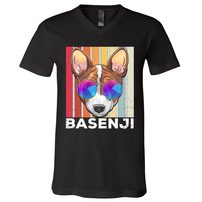 Retro Style Dog Lover Apparel Basenji With Sunglasses Gift V-Neck T-Shirt