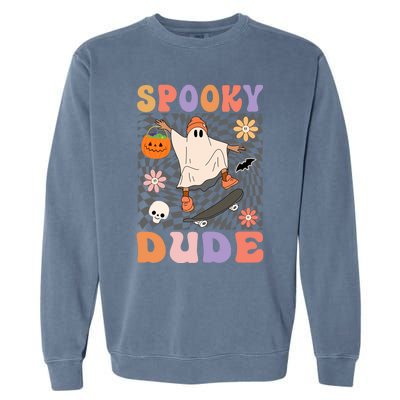 Retro Spooky Dude Ghost Skateboard JackOLantern Halloween Funny Gift Garment-Dyed Sweatshirt