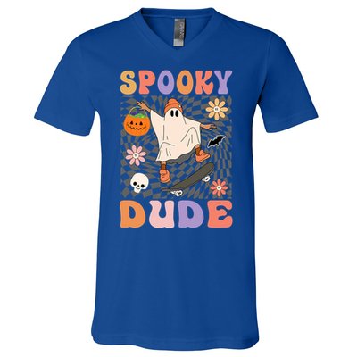 Retro Spooky Dude Ghost Skateboard JackOLantern Halloween Funny Gift V-Neck T-Shirt