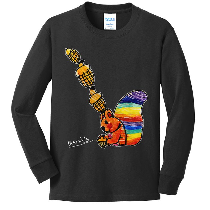 Rainbow Squirrel Drawing Kids Long Sleeve Shirt