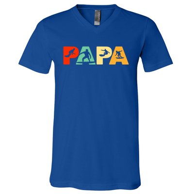 Retro Surf Dad Funny Papa Surfing Fathers Day Gift V-Neck T-Shirt