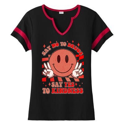 Retro Smiley Emoji Say No To Drugs Say Yes To Kindness Substance Abuse Awareness Ladies Halftime Notch Neck Tee