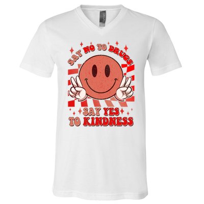 Retro Smiley Emoji Say No To Drugs Say Yes To Kindness Substance Abuse Awareness V-Neck T-Shirt