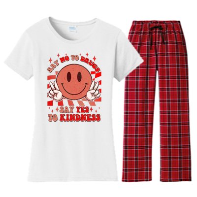 Retro Smiley Emoji Say No To Drugs Say Yes To Kindness Substance Abuse Awareness Women's Flannel Pajama Set