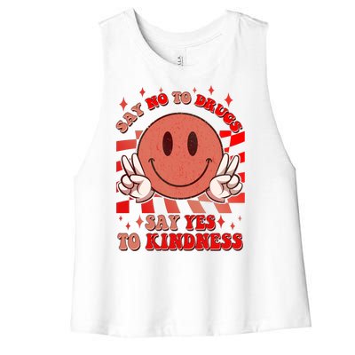 Retro Smiley Emoji Say No To Drugs Say Yes To Kindness Substance Abuse Awareness Women's Racerback Cropped Tank