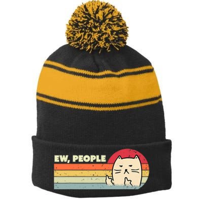 Retro Style Ew, People Funny Cat Stripe Pom Pom Beanie