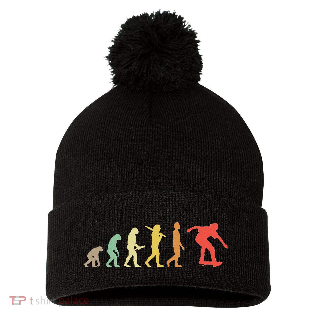 Retro Skating Evolution Gift For Skaters & Skateboarders Pom Pom 12in Knit Beanie