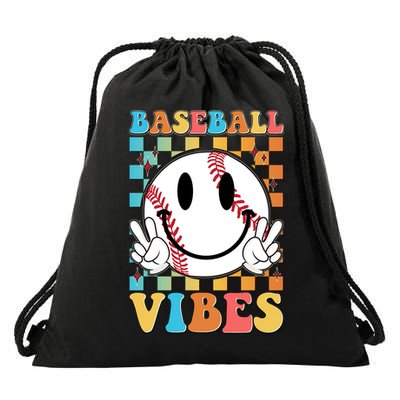 Retro Smiley Emoji Baseball Vibes Drawstring Bag