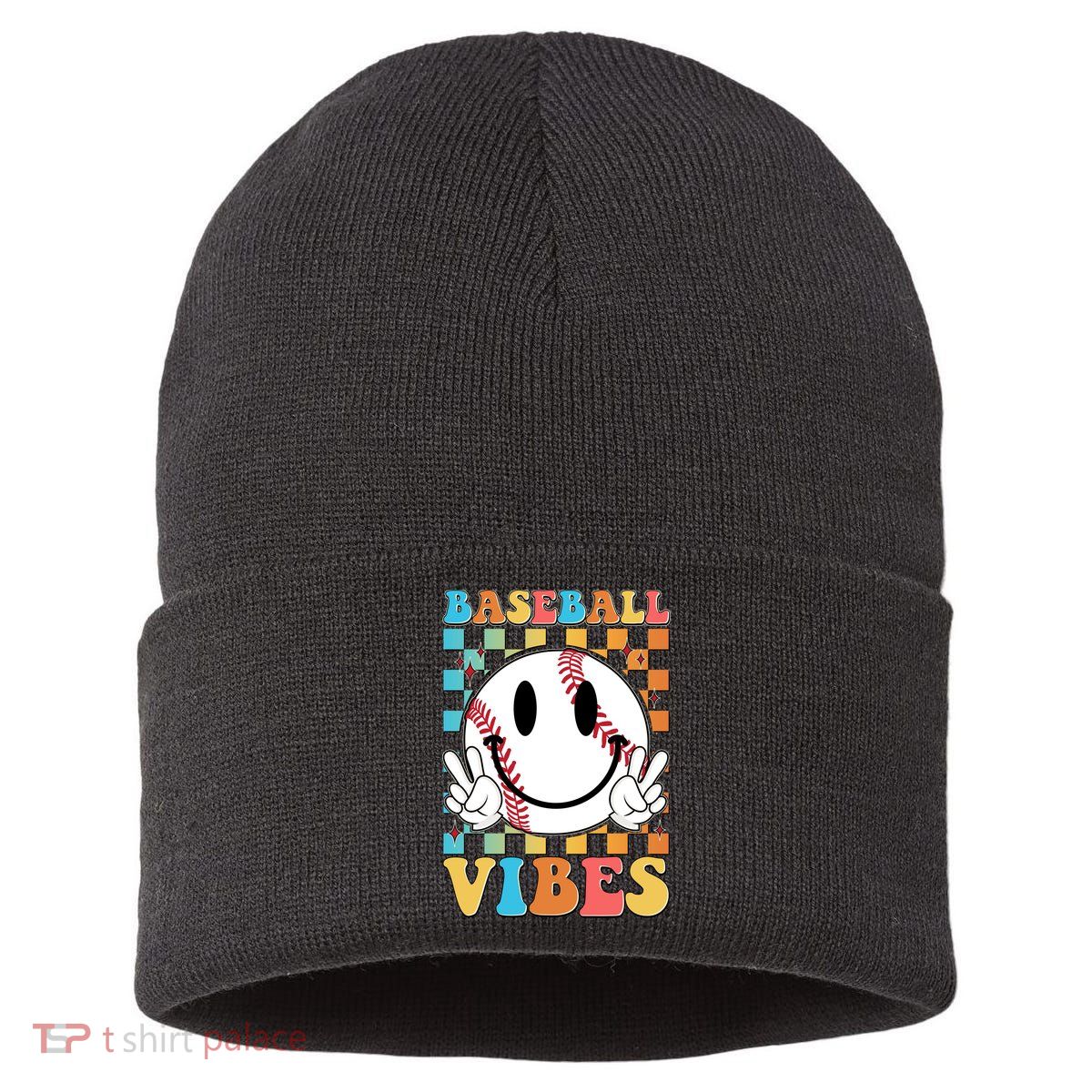 Retro Smiley Emoji Baseball Vibes Sustainable Knit Beanie