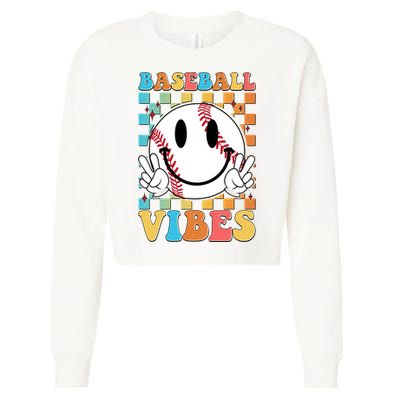 Retro Smiley Emoji Baseball Vibes Cropped Pullover Crew