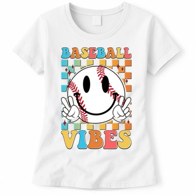 Retro Smiley Emoji Baseball Vibes Womens T-Shirt