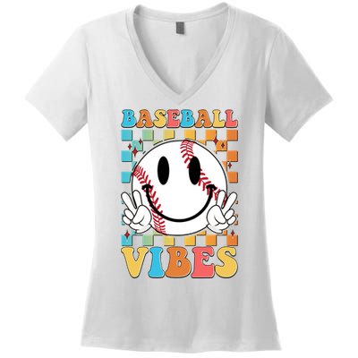 Retro Smiley Emoji Baseball Vibes Women's V-Neck T-Shirt