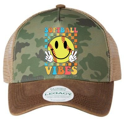 Retro Smiley Emoji Softball Vibes Legacy Tie Dye Trucker Hat