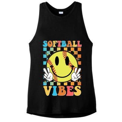 Retro Smiley Emoji Softball Vibes Ladies PosiCharge Tri-Blend Wicking Tank