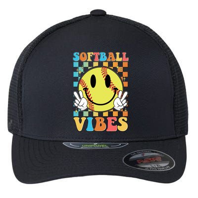 Retro Smiley Emoji Softball Vibes Flexfit Unipanel Trucker Cap
