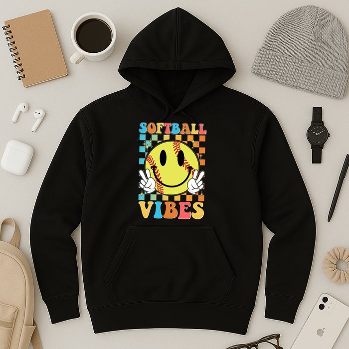 Retro Smiley Emoji Softball Vibes Hoodie